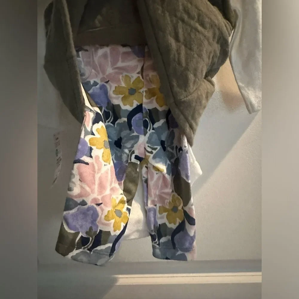 NWT Carters 3 Piece Floral Pants, White Top & Green Vest Set Size 0-3